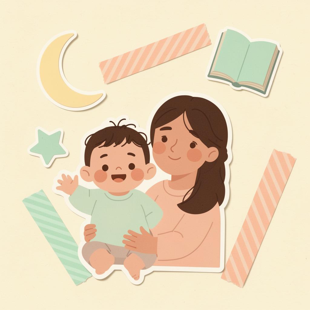Ilustrasi orang tua dan anak balita Indonesia dengan stiker scrapbook bulan, buku, dan bintang